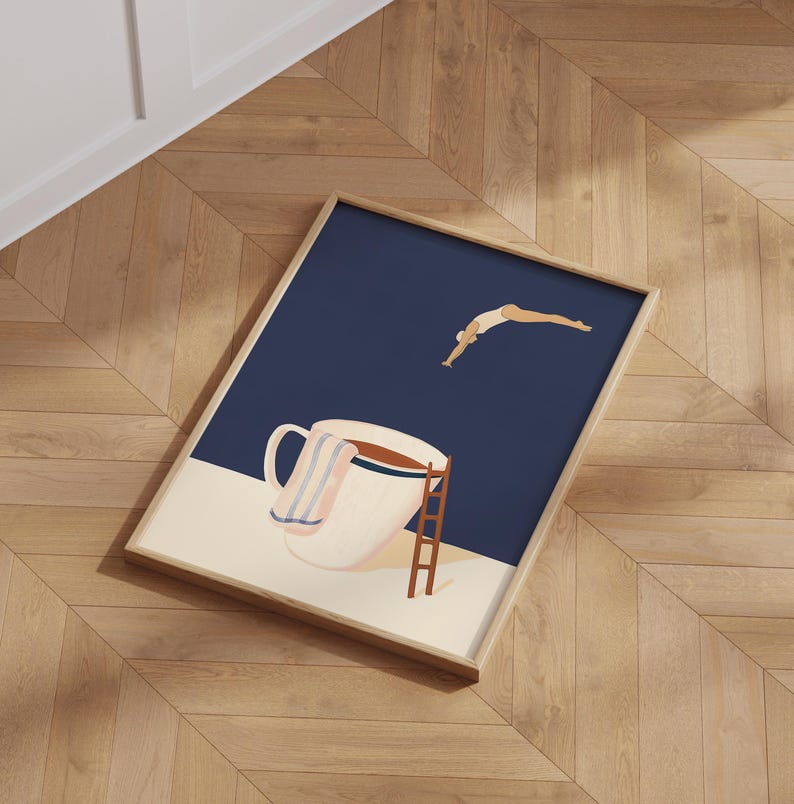 PureSip™ Deep Navy Coffee Diver Poster - Mid-Century Modern Wall Art