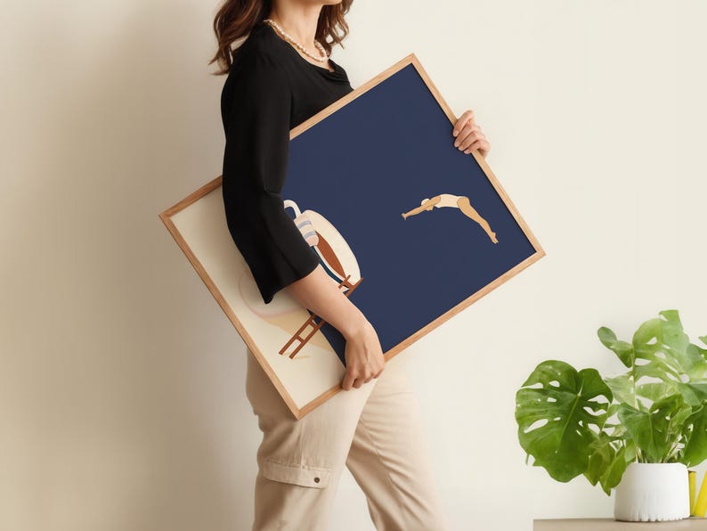 PureSip™ Deep Navy Coffee Diver Poster - Mid-Century Modern Wall Art