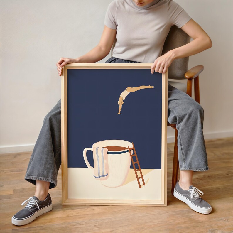 PureSip™ Deep Navy Coffee Diver Poster - Mid-Century Modern Wall Art
