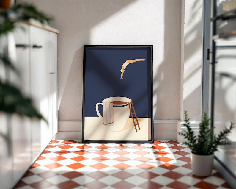 PureSip™ Deep Navy Coffee Diver Poster - Mid-Century Modern Wall Art