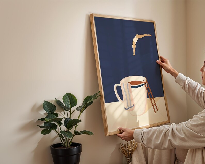 PureSip™ Deep Navy Coffee Diver Poster - Mid-Century Modern Wall Art