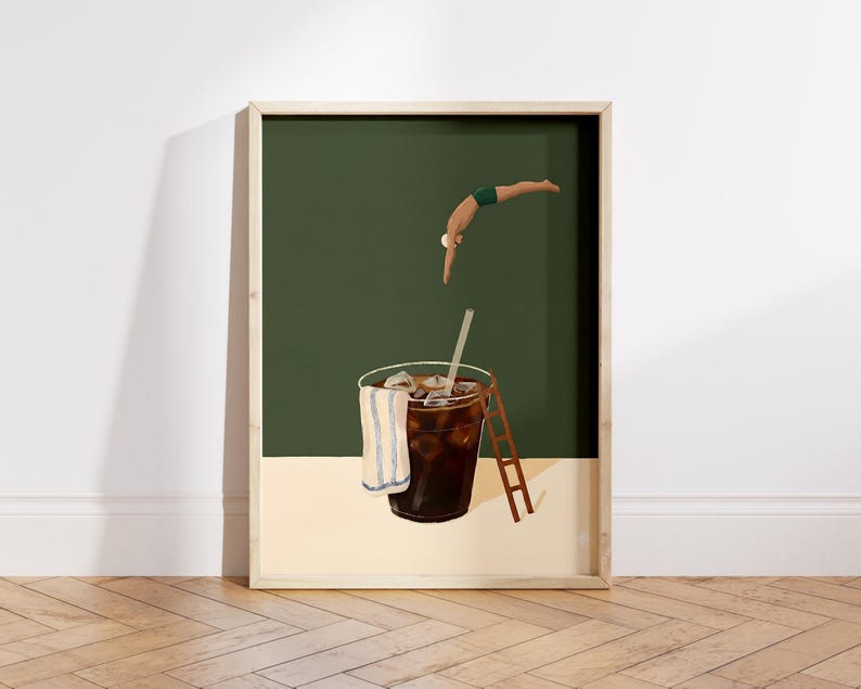 PureSip™ Iced Coffee Diver Art Poster - Whimsical Cold Brew Wall Art