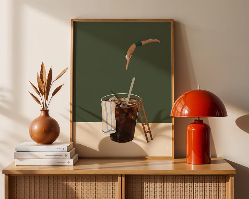 PureSip™ Iced Coffee Diver Art Poster - Whimsical Cold Brew Wall Art
